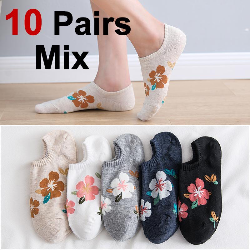 5/10 Pairs Women Flower Pattern Invisible Socks Spring Summer Sweat Absorbing Breathable Soft Comfortable Knitted Casual Socks