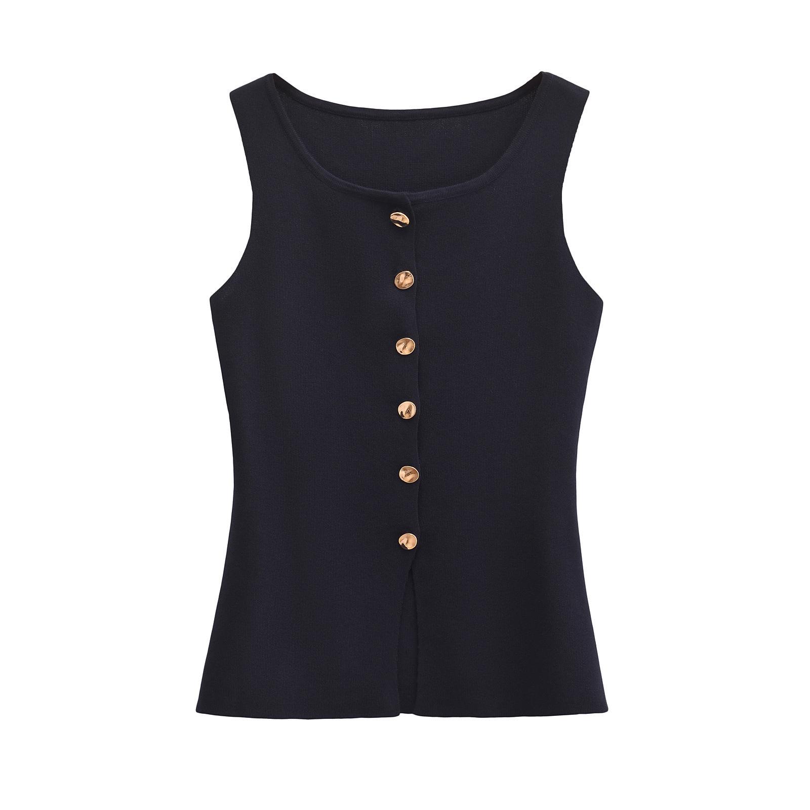 

European & American Style Women s Gold Double-Breasted Knit Vest Medium