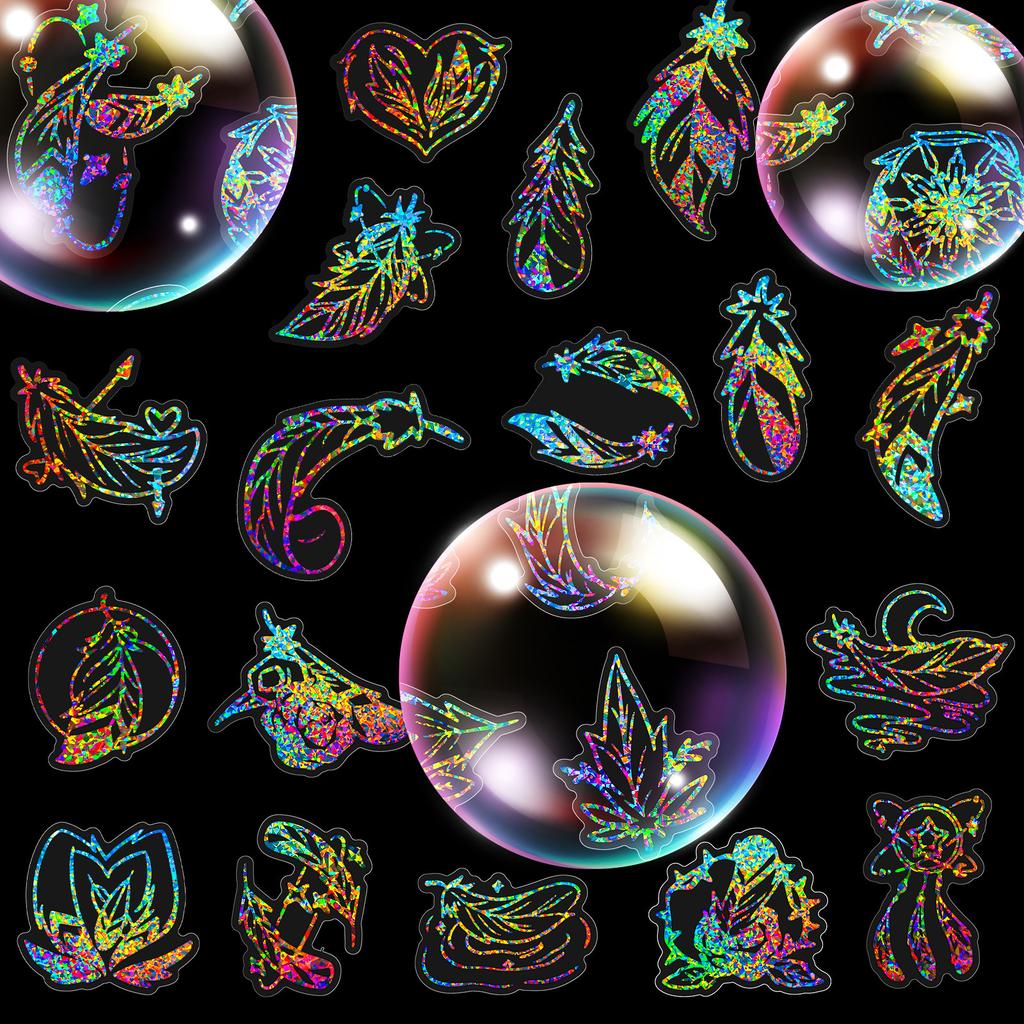 50 Silver Laser Transparent Feather Stickers Temu Aurora Laser Feather Hot Silver Goo Card