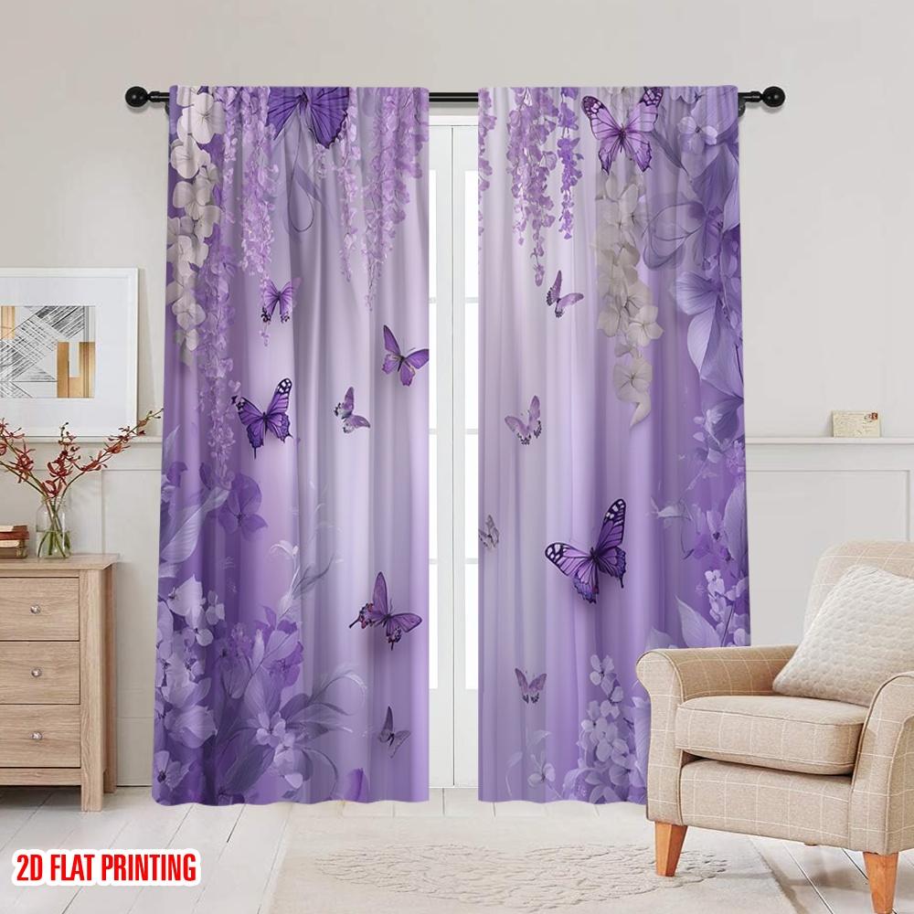 Set Of 2 Elegant Flat Printing Window Drapes Purple Butterfly Floral Digital Printed Polyester Festive Wall Decor Curtain Made