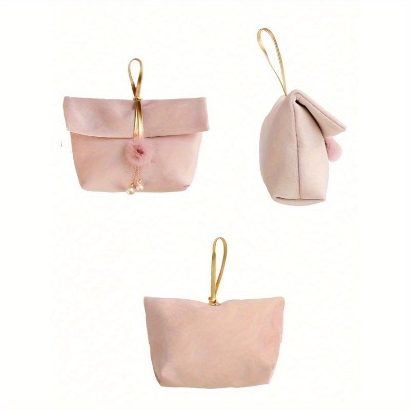 1 Stück 5cm*15.5cm*9.5cm Dekorative Geschenktasche mit Kunstperle und Pompon, Schmuckaufbewahrungstasche, Kosmetik-Reisetasche, Rosa Polyester Geschenkverpackungstasche