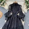 New Heavy Craft Lace Embroidery Hollow Out Party Evening Long Dress Women's Stand High Waist Lantern Sleeve Dresses Holiday