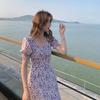 New French bubble sleeve split chiffon oil painting lavender spring summer autumn floral retro dress explosion