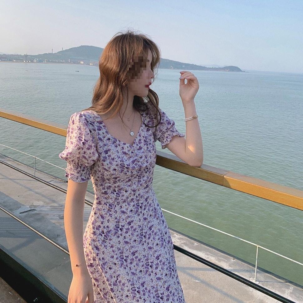 New French bubble sleeve split chiffon oil painting lavender spring summer autumn floral retro dress explosion