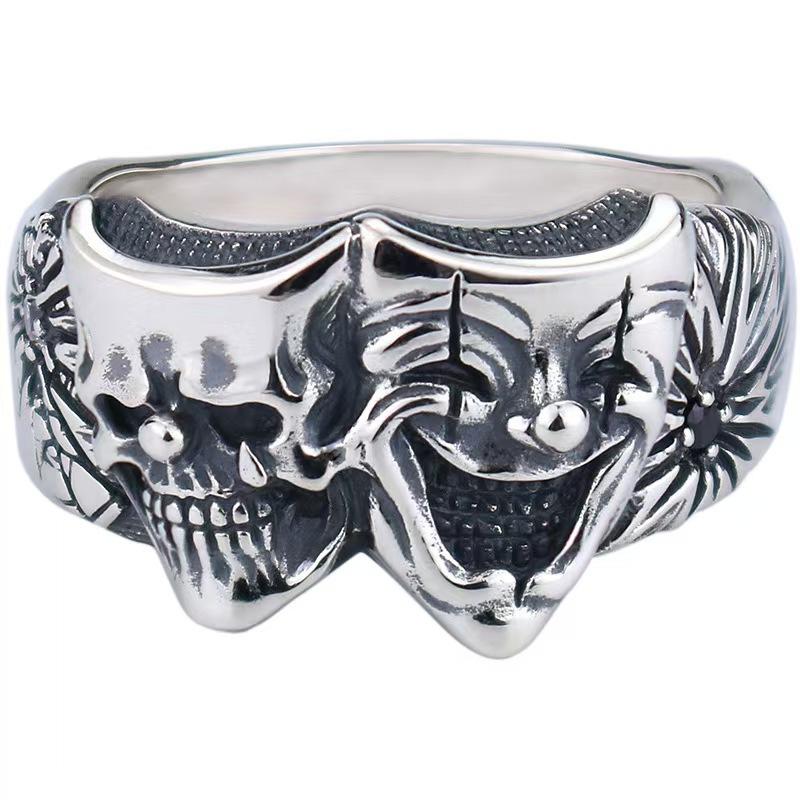 New Double-sided Good and Evil Ring Clown Zinc Men's Retro Trendy Ring Gothic Style Handmade Open Ring