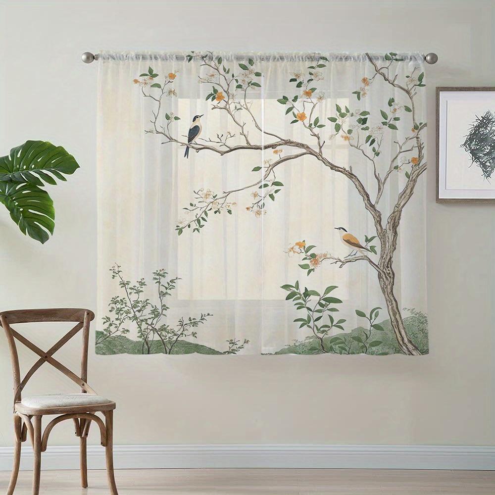 2PCS Chinese Style Floral Bird Vine Sheer Curtains Voile for Kitchen Caf Dining Room Balcony Garden Bedroom
