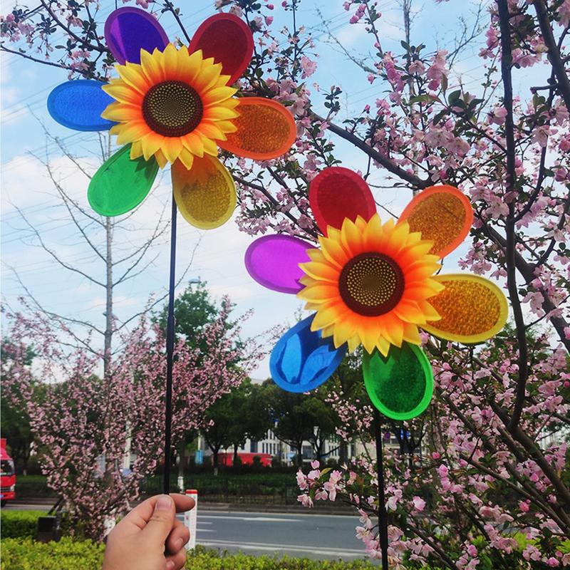 Wind Spinners Outdoor Sunflower Reflective Pinwheel Colorful Rainbow Decor Bird Scare Device for Farm Lawn House Orchard Pool