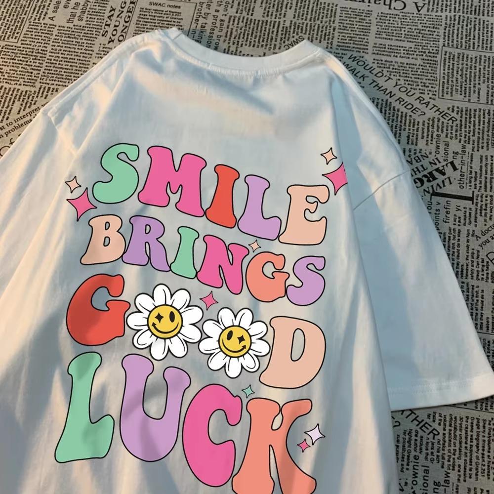 Smile Brings Good Luck Men Women Tshirt Pattern Cotton Tshirts O-Neck Breathable T-Shirt Simplicity Tee Clothes Couple Tops