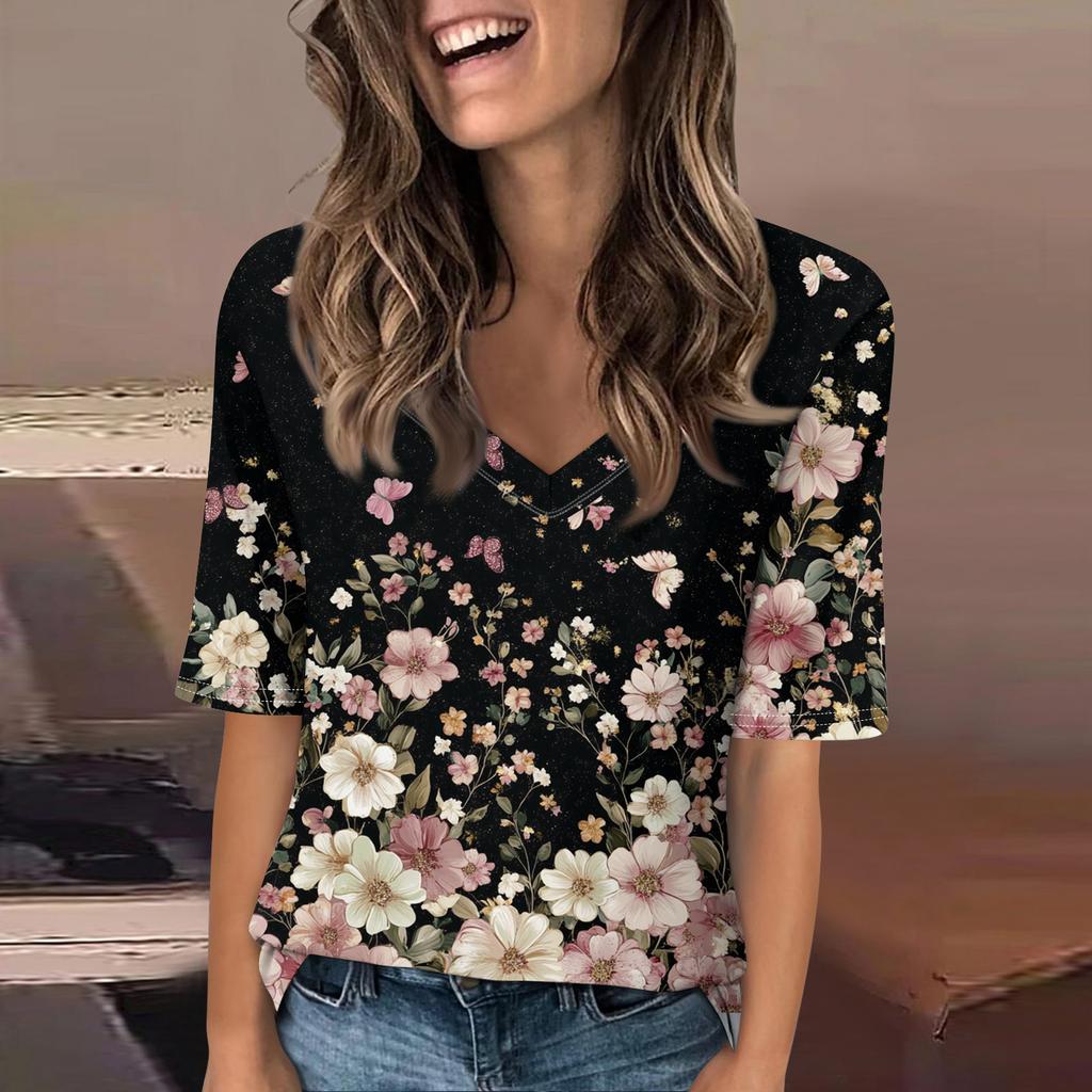 Women's Fashionable Casual Short-sleeved Five-quarter Sleeve Floral Print V-neck Top