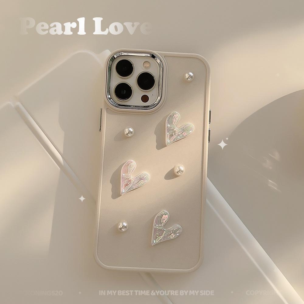 For iPhone 15 Pro Max Case Pearl Heart Aesthetic Shockproof TPU Phone Cover