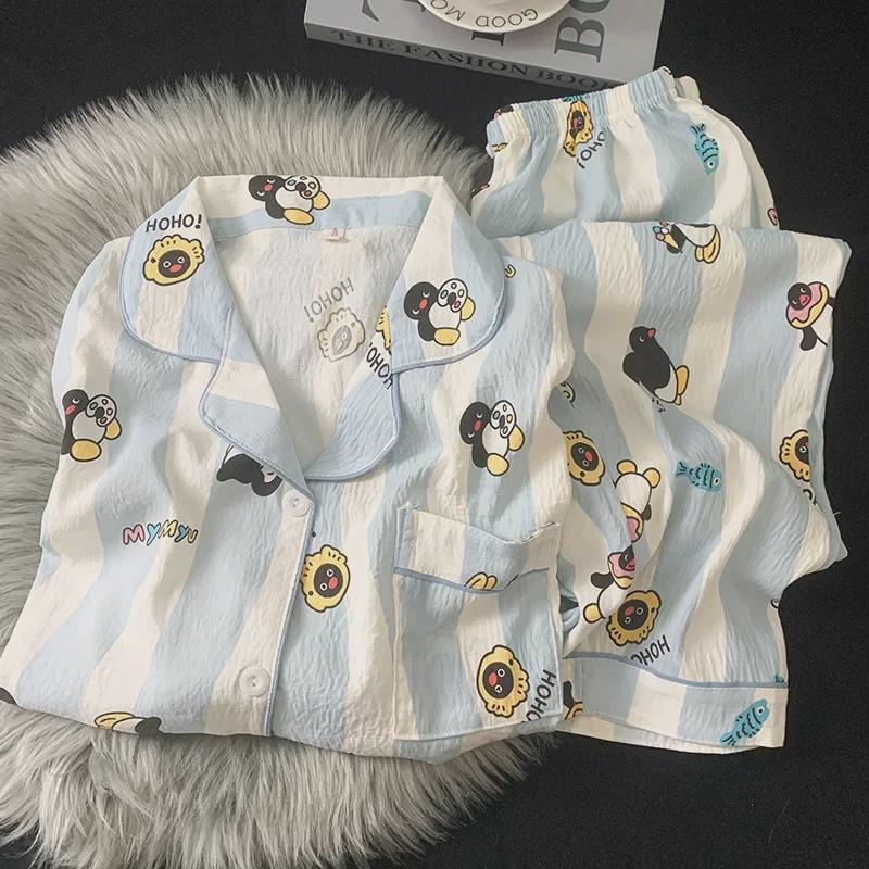 "Dámské bavlněné pyžamo s třešňovým medvídkem - Jaro/Podzim, Dlouhý rukáv, Roztomilý kreslený svršek"