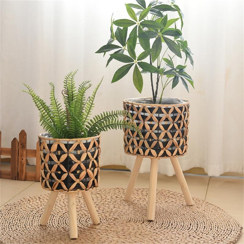 Wood Legged Gourd Grass Plant Stand for Indoor Outdoor Display Hand Woven Planter Basket Flower Pots Storage Container