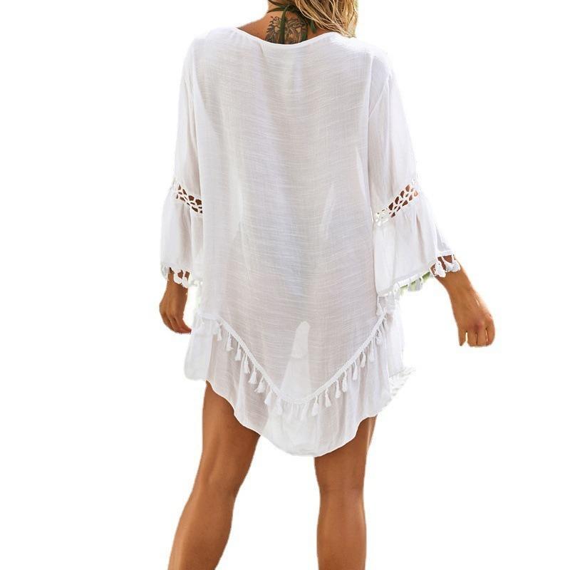 Women White Loose Crochet Flower Hollow Tassel Beach Cover Up Bikini Outerwear