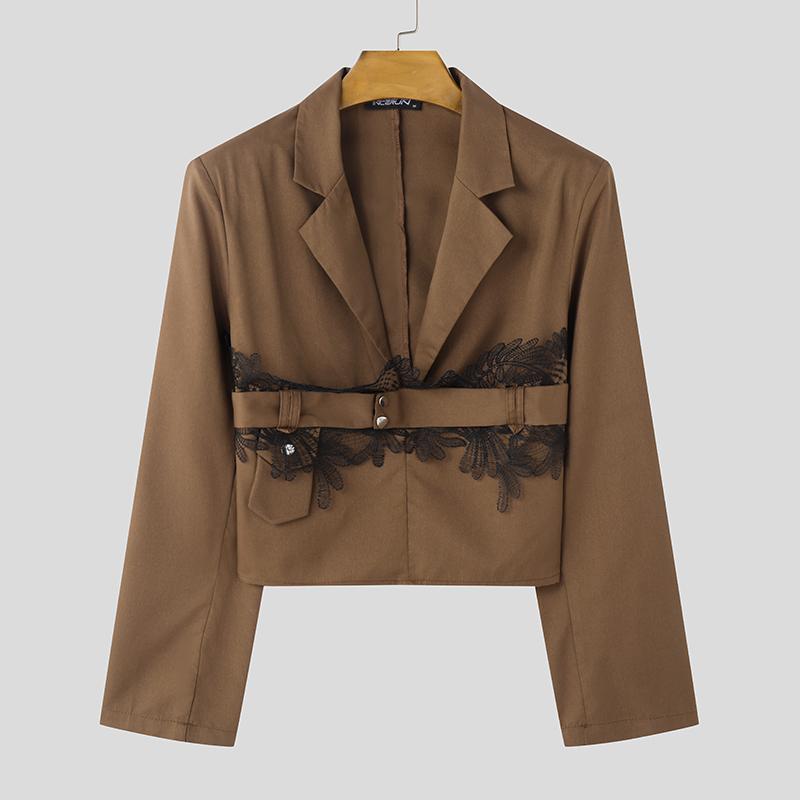 

INCERUN Мужской лацкан с длинным рукавом спереди, кружевной пэчворк, короткий пиджак, повседневные тонкие пальто 3XL коричневый