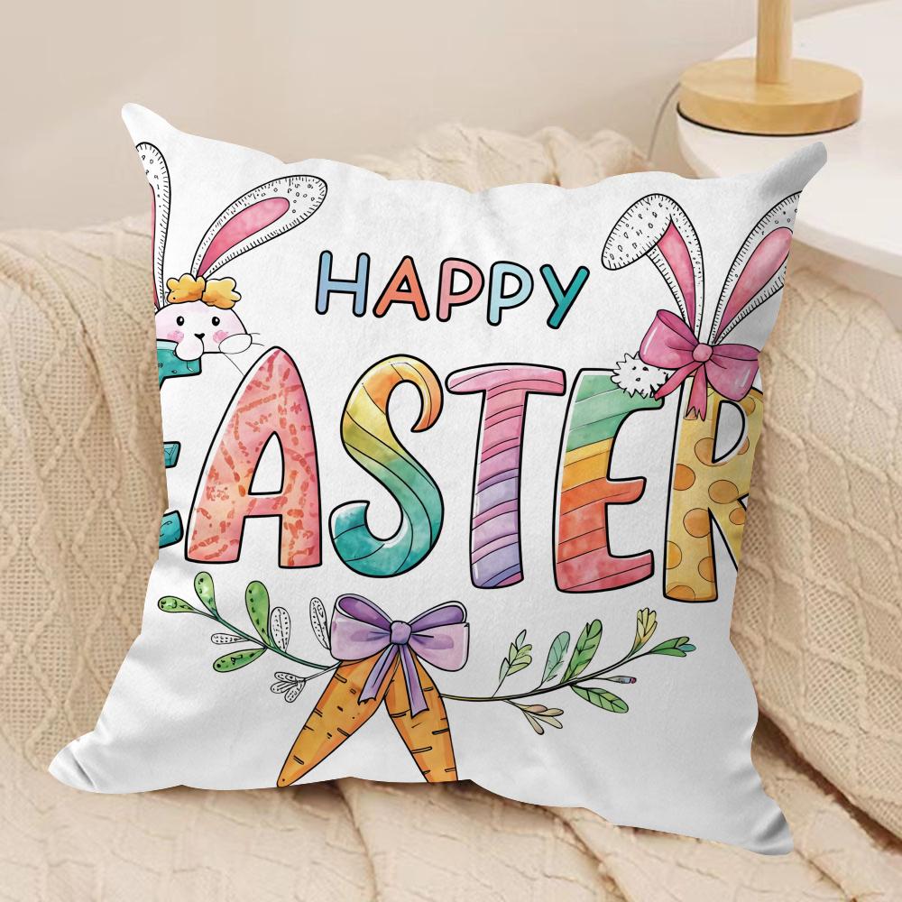 Happy Easter Cartoon Cute Cushion Cover Silky Short Plush Invisible Zipper Dustproof Sofa Pillow Case For Home Decor
