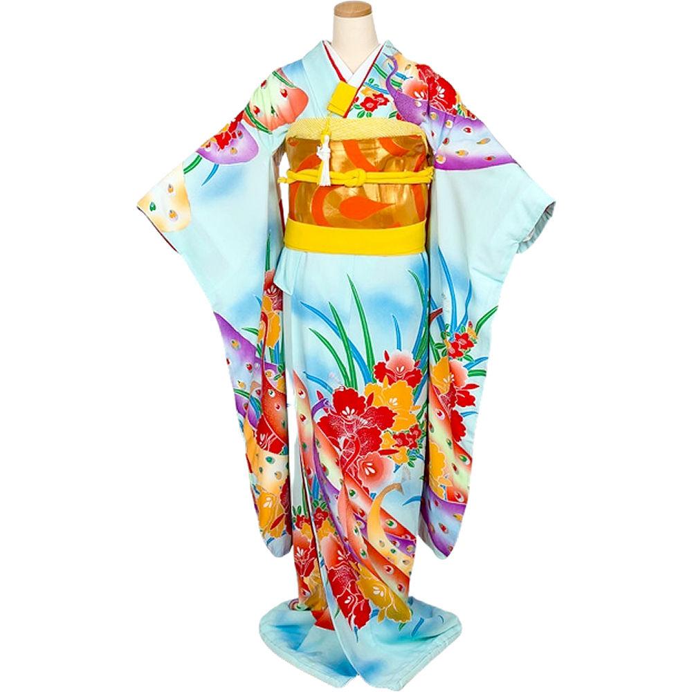 Honsuri Furisode wedding attire bridal outfit hikifurisode peacock orchid aqua blue silk kimono bride luxurious ceremony quality rental auspicious