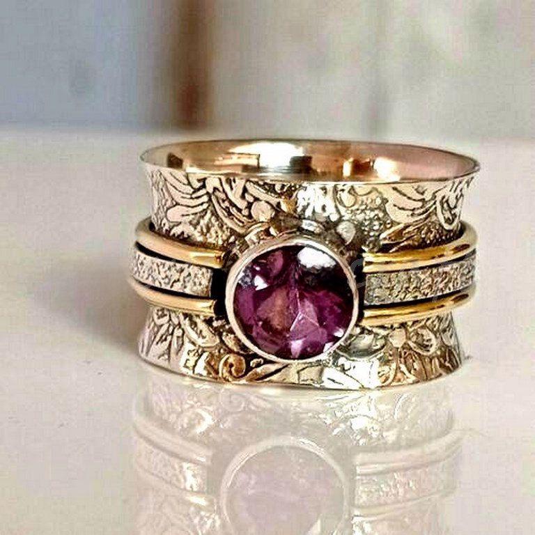 Purple & Gold Patterned Ring - Minimalist Vintage Style