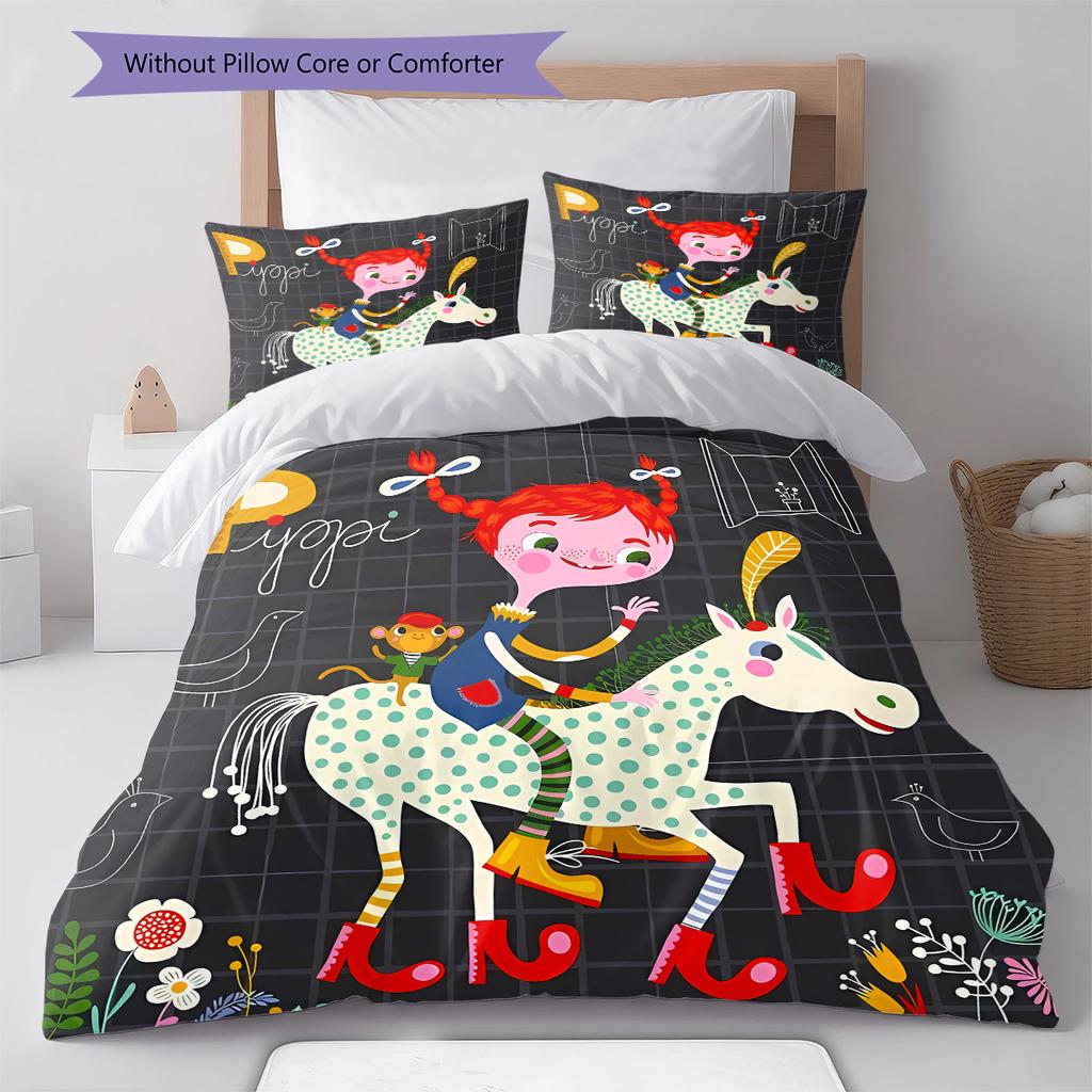 Pippi Longstocking Pattern Bedding,Quilt Set Quilt Cover Pillowcase Home Birthday Gift (1 * Duvet Cover + 2 * Pillowcase, Without Core)