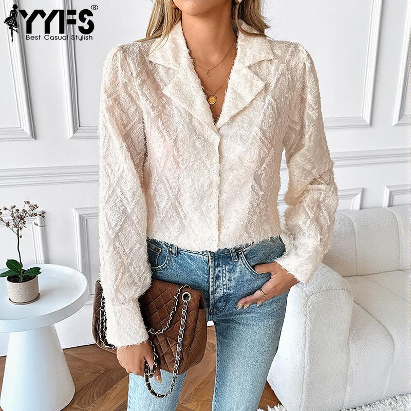 YYFS Women's Fashion Casual Spring Autumn Solid Color Print Long Sleeve POLO Neck Blouses & Shirts