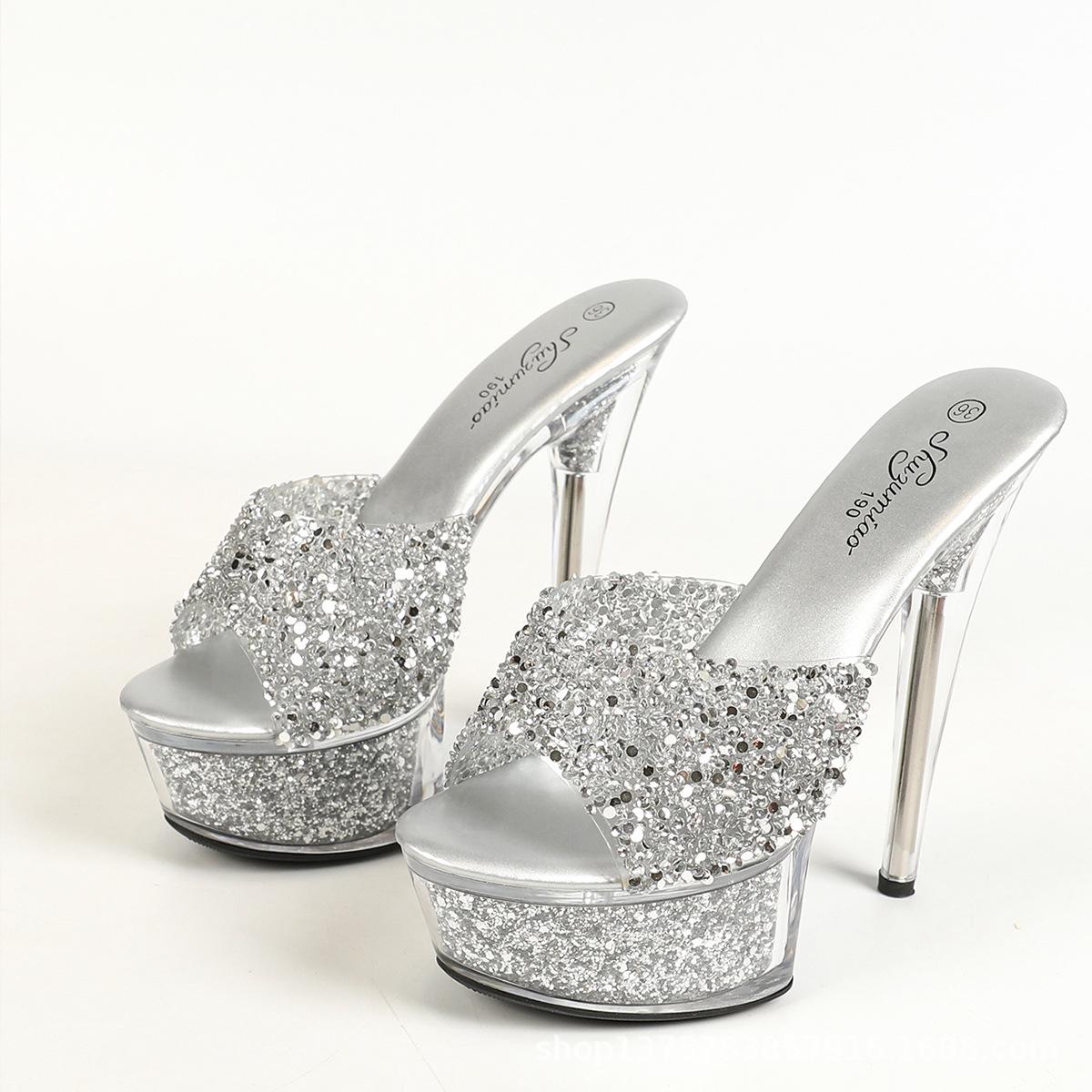 Женские летние мюли на шпильке - Прозрачные со стразами Высокий каблук 13см-15см Водонепроницаемая платформа 36 3090₽