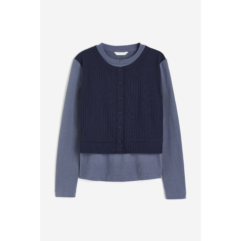 

HM Women s T-shirt Autumn Elastic Soft Plaid round Neck Silm Double Layer Long Sleeves Tops 1211323 Dark Blue 155/80A