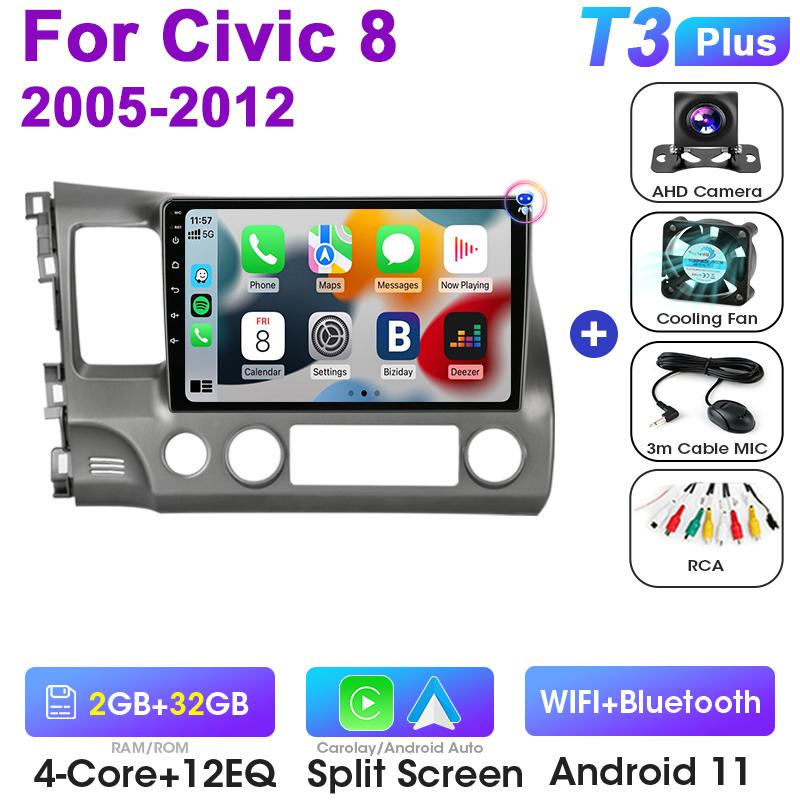 2 Din Android 12 Car Radio For Honda Civic 8 2005 - 2012 Multimedia Video Player GPS Navigation Stereo 4G WIFI Carplay Auto RDS