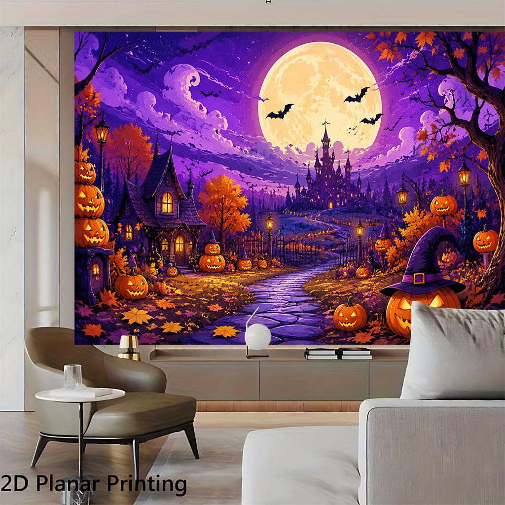 1 piece of 2D flat banner background cloth scene of Halloween pumpkin lanterns at night.zyc