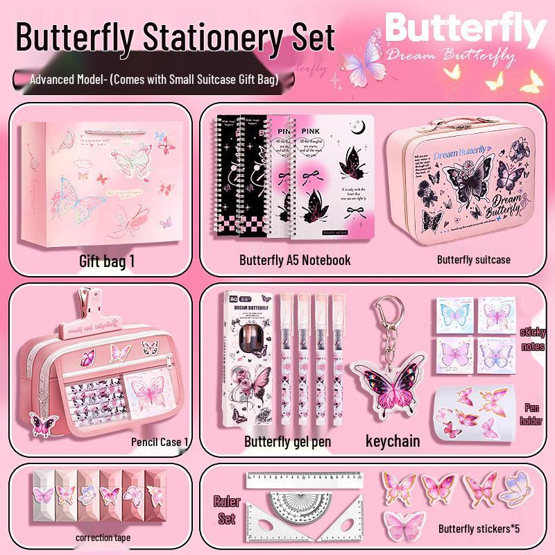 Pink Butterfly Stationery Gift Box for Girls, Back to School Supplies, Big Gift Pack for Tenth Birthday Party Favors