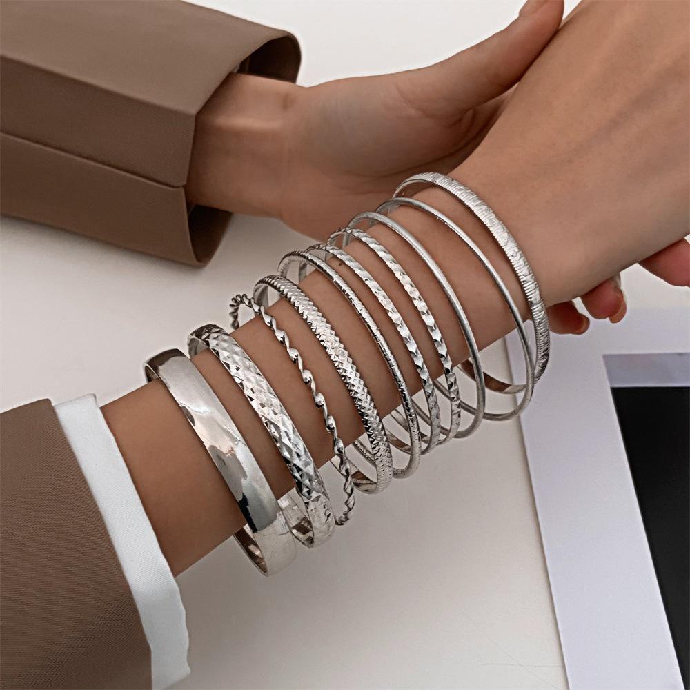 Retro Wide Face Gold Bangle Set: European-American Style, Smooth Irregular Design, 9-Piece