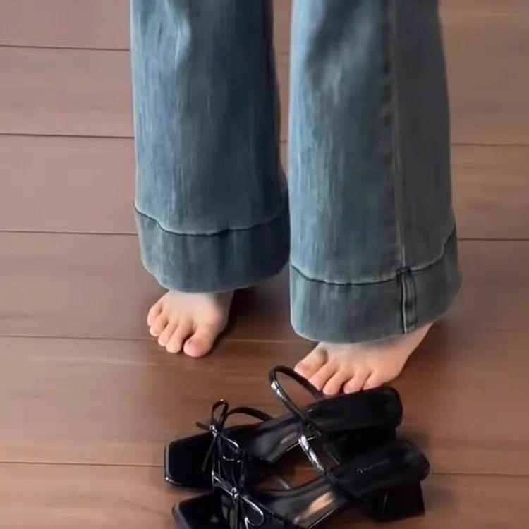 Temperament socialite bow cool slippers female 2025 niche fairy wind thick heel open toe cool slippers female summer outer wear