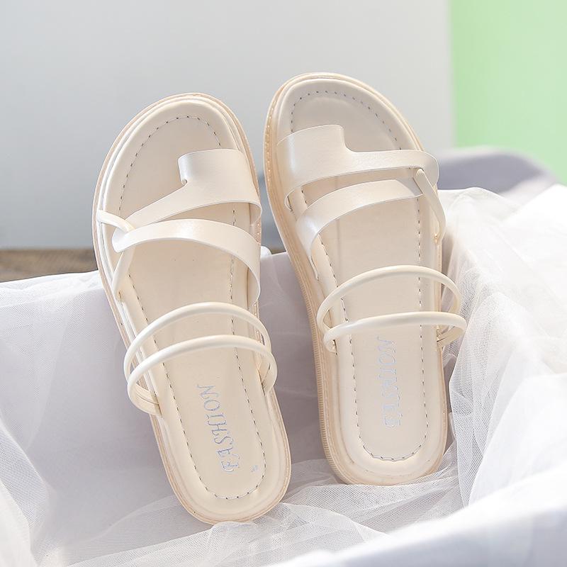 

Two wearing beach slippers women s new fashion outer wear thick-soled cover toe thin strap one-word sandals women 40 бежевый
