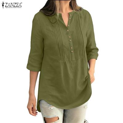 Women Casual V-Neck Solid Color 3/4 Sleeve Loose Blouse