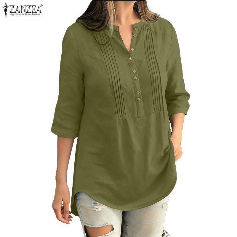 ZANZEA Blusa holgada casual para mujer con cuello en V, color sólido y manga 3/4