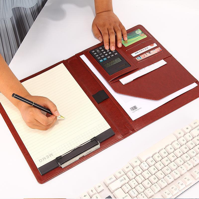A4 Multi-functional Leather Document Folder with Clip and Storage for Contracts and Work Orders