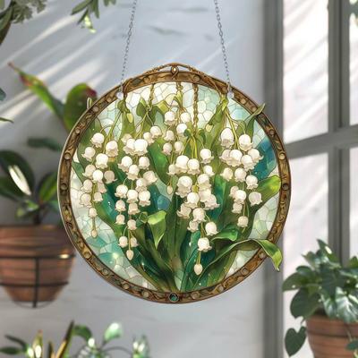 Stained Glass Flower Hanging Decoration Living Room Wall Window Hanging Floral Plants Ornament Colorful Acrylic Suncatcher Pendant