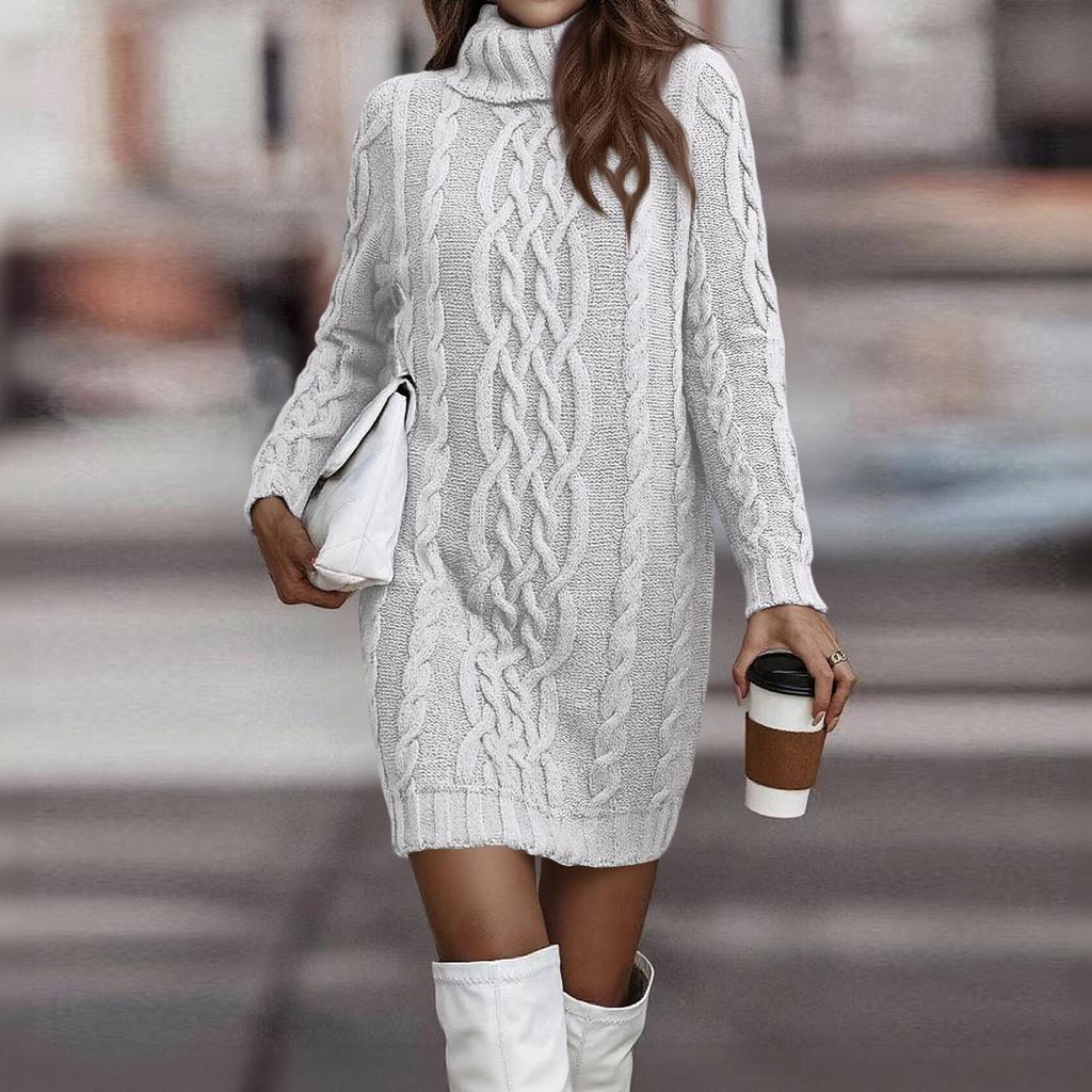 Women's Fashionable Casual Color Cable Knit Long-sleeved Turtleneck Sweater Dress