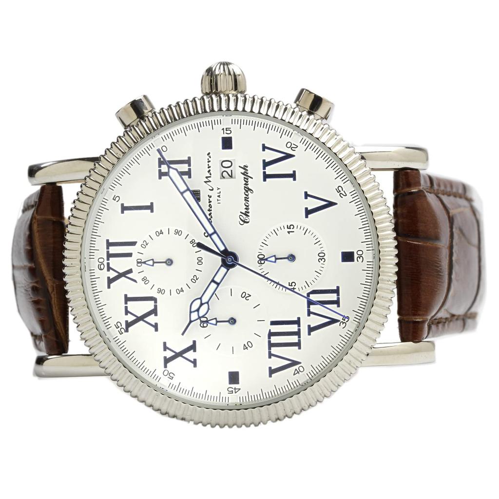 Klokke Chronograph Lærreim 5 ATM Vanntett Hvit Mørkebrun [Salvatore Mara] Herre SM19109-SSWHDBR2