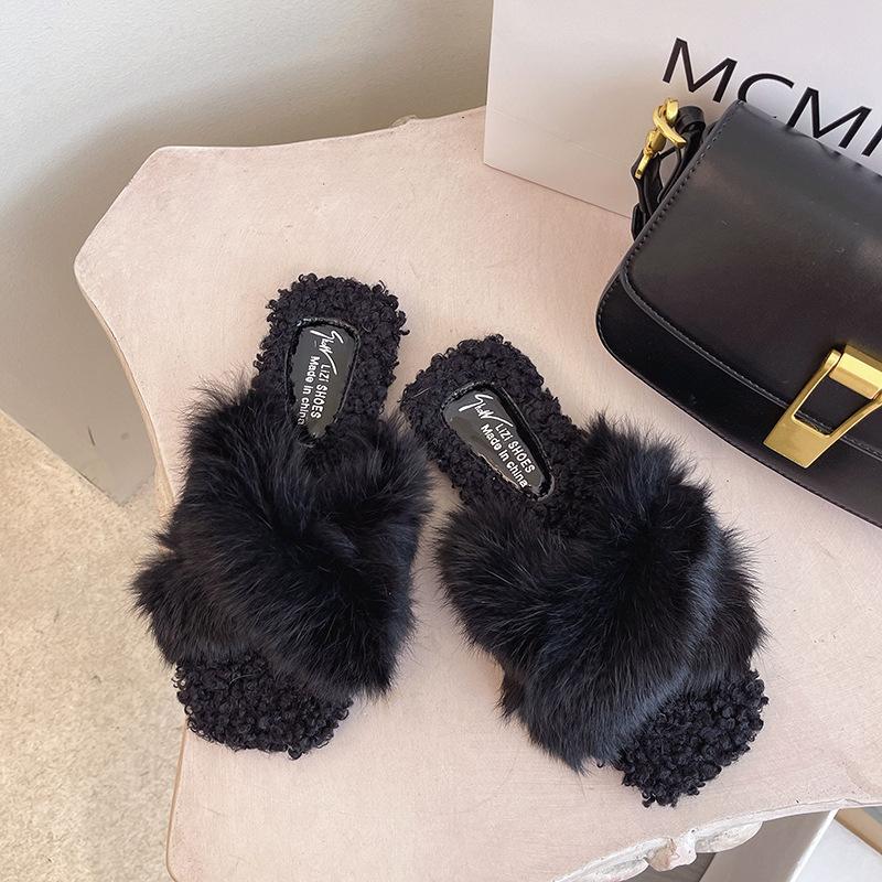 Internet Celebrity Cross Hairy Slippers Female 2023 Autumn and Winter New Outer Wear Ins Fairy Wind Plush Flat Bottom One Word Slippers