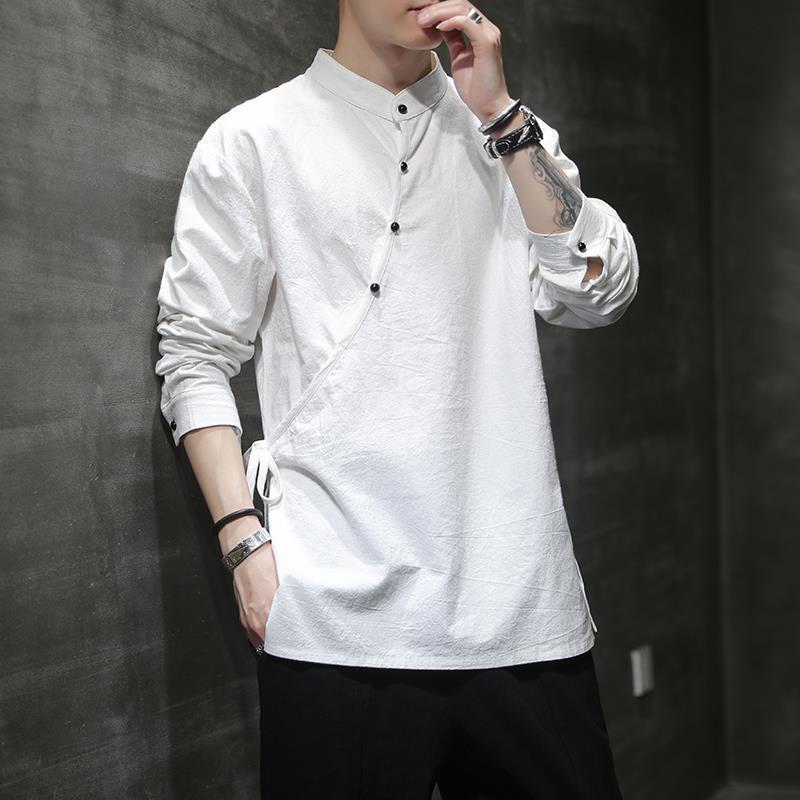 Men's Chinese-Style Linen-Cotton Long-Sleeve T-Shirt for Zen Meditation and Tea Ceremony