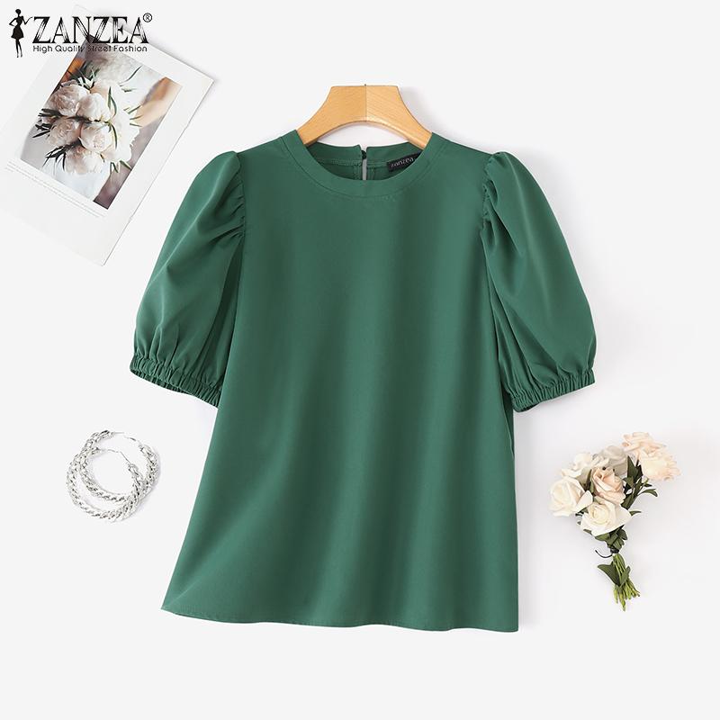 ZANZEA Women Casual Round Neck Solid Color Summer Short Sleeve Blouse