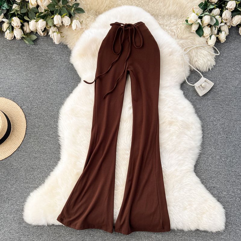 

Fashion Sexy Wear Stylish Lace-up Waist-Controlled Slim Looking Silm Sheath Long Flared Pants Sexy Yoga Pants Brown One size