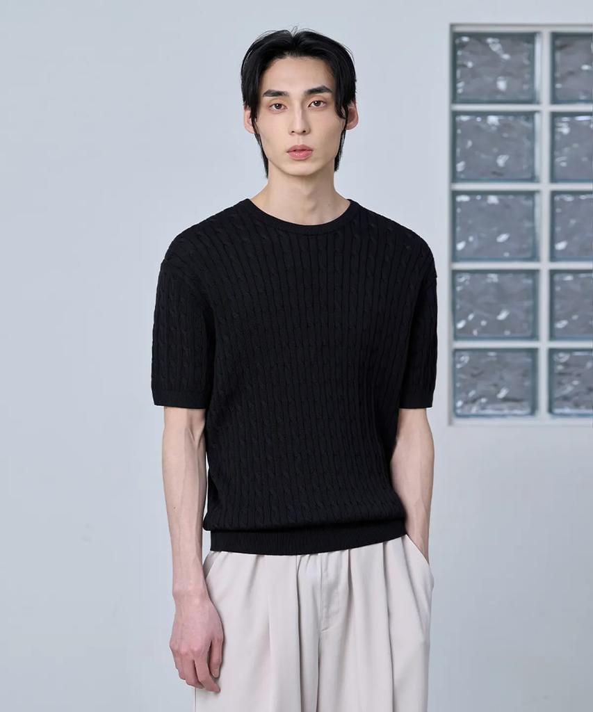 AGOD Cotton Modal Washable Crew Neck Cable Knit [Black]