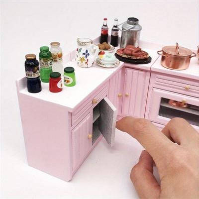 Lovely and Functional: Wooden Pink Cabinet, Sink and Counters Miniature Furniture Set for 1:12 Dollhouse Kitchen Decoration