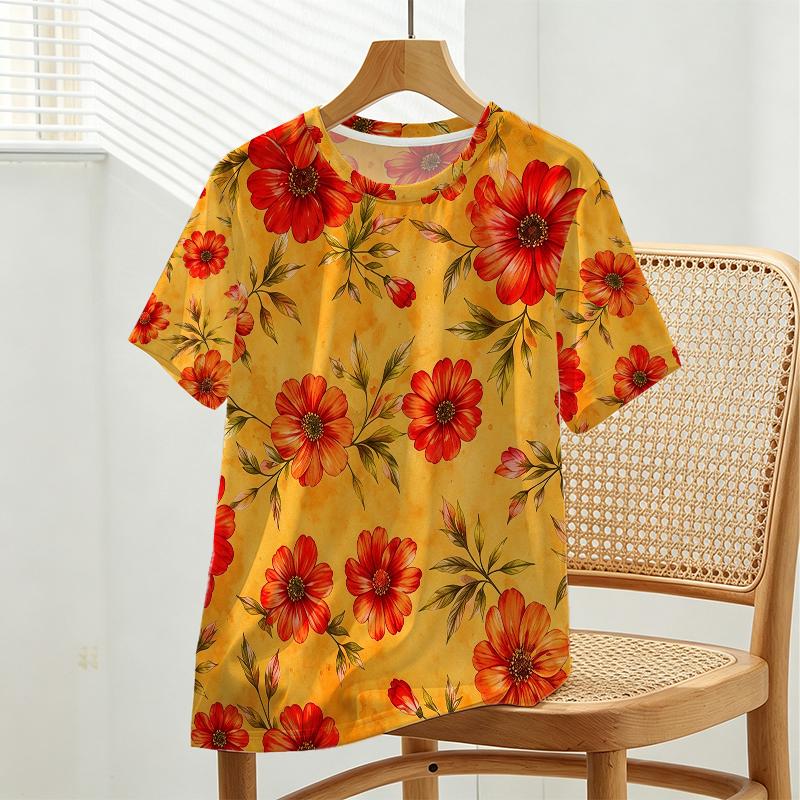 Women's Loose Fit Floral Short Sleeve T-Shirt - Simple Commute Style, Soft Round Neck, Casual & Versatile, Comfortable for Daily & Outdoor Wear