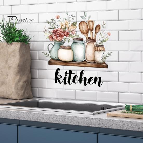 Vintage Kitchen Illustration Decals Cartoon Wall Sticker, Watercolor Decorative Decal, PVC Waterproof Art Retro Decor Mural, Removable for Cabinet