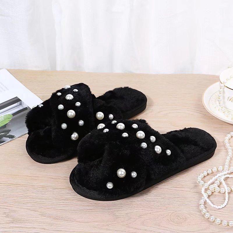 Fashion Pearls Detor Plush Slippers for Women Fashion Cross Strap House Furry Slippers Woman Slip On Faux Fur Cotton Slides Mujer