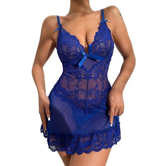 Women's Sexy Bow Sheer Mesh Babydoll Nightdress Chemise V Neck Sleepwear with G String Thong Set Floral Lace Boudoir Outfits