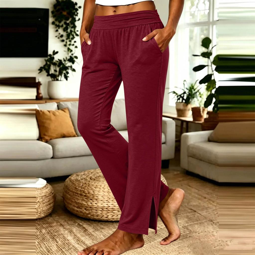 Women's Casual High Waist Straight Leg Pants with Pockets and Side Slit Hem