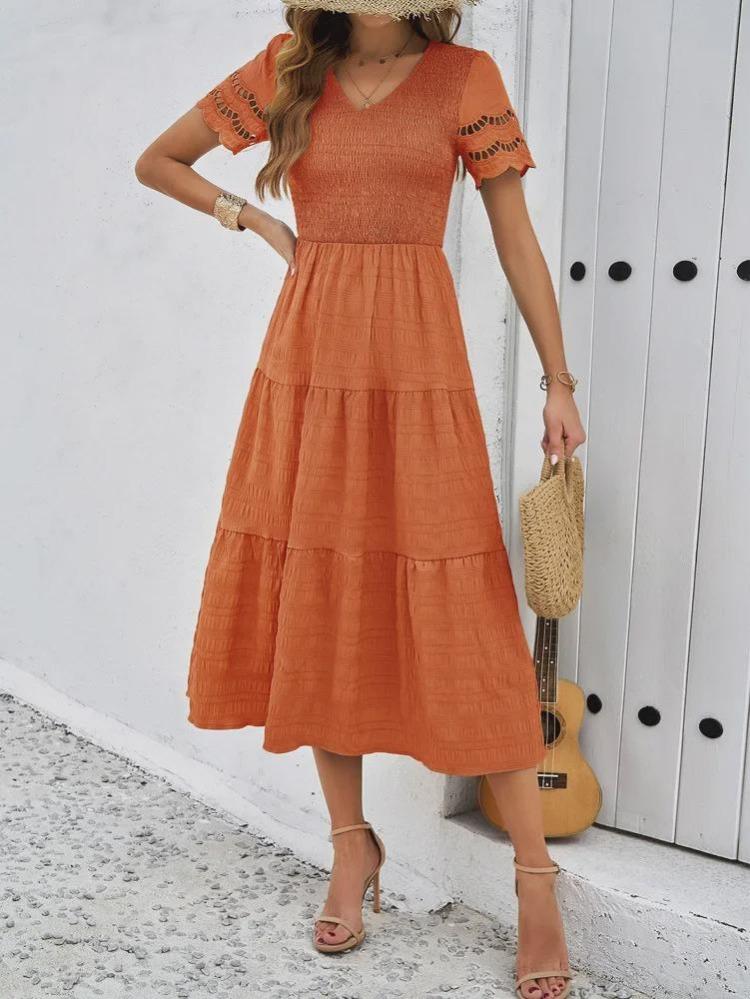 2024 Women Summer V Neck Short Sleeve Solid Color Dress European American Style Diyun Spring Fashion