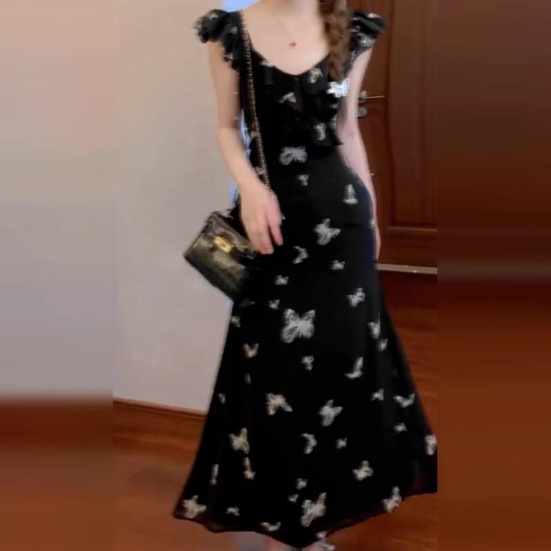 Xiaofei Sleeve Black Butterfly Suspender Dress Women's Summer French Temperament Beautiful Waist Length